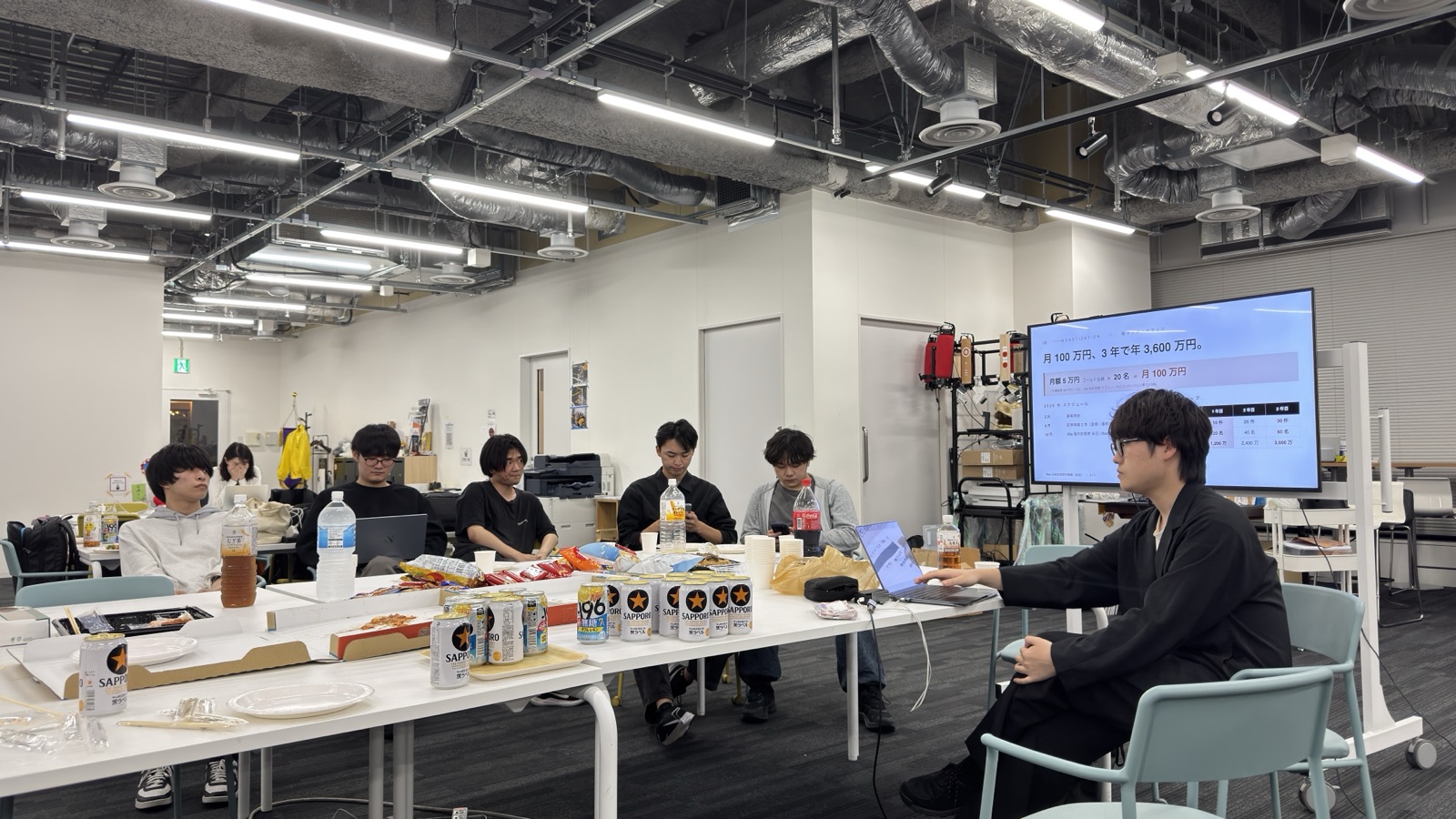 テーブルを囲み軽食を交えながら卒業生プロジェクトについて議論する第2回 Futuring iU の後半